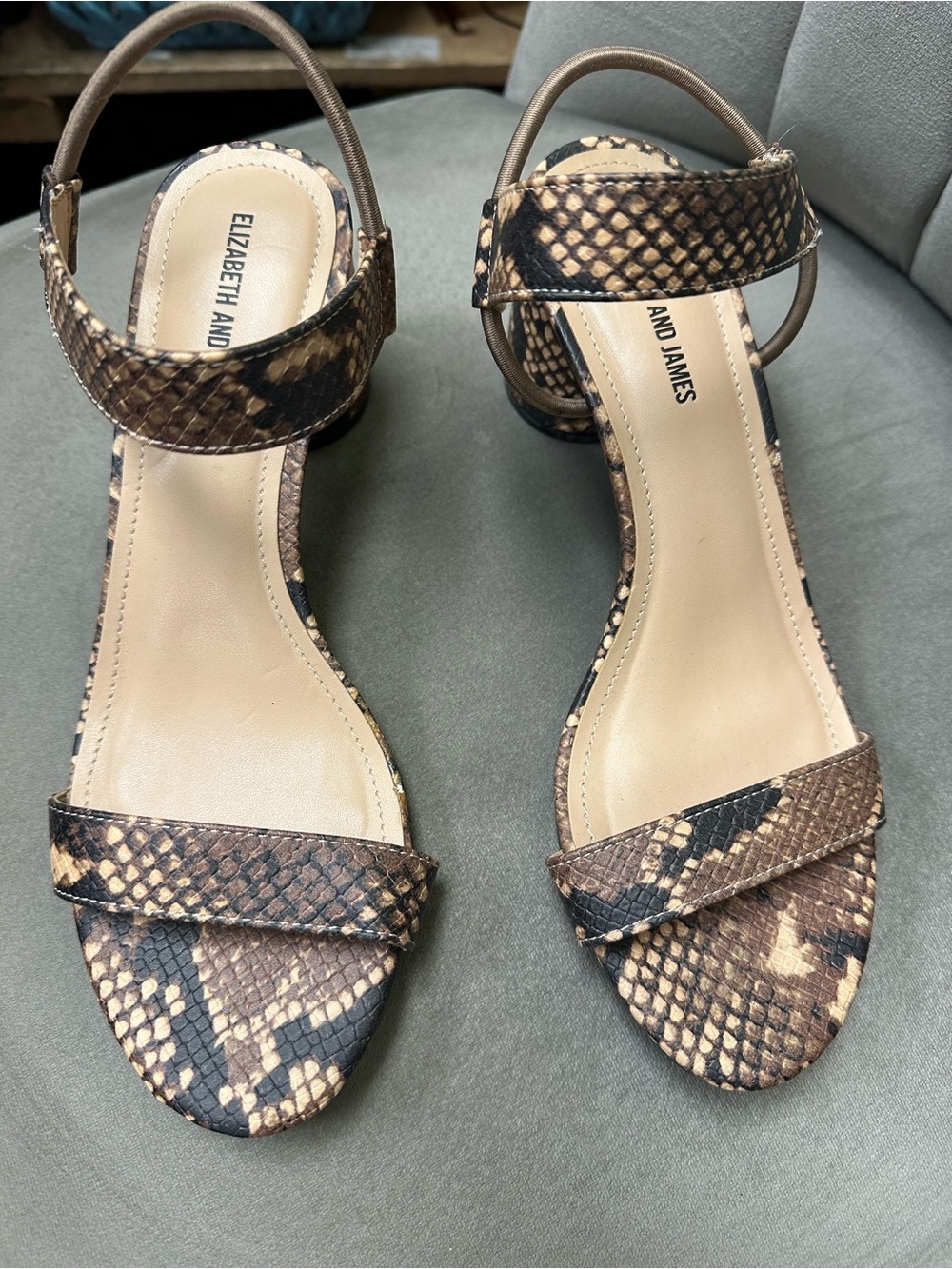 Elizabeth and James Brown and Black Snake-Print Ankle Strap Sandals